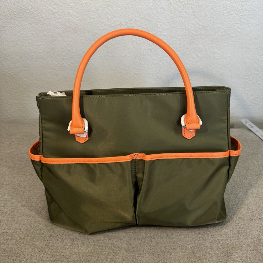 Levenger Charlotte Tote Green Nylon Orange Trim Pockets Pouch Shoulder Strap NEW